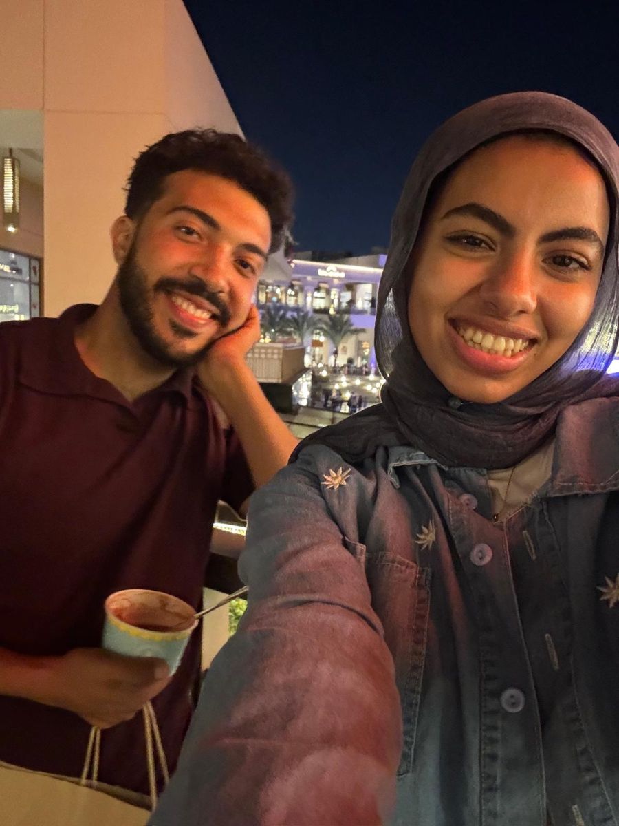 Night selfie of us on a balcony